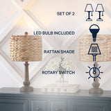 Dareau 21.25" Rustic Farmhouse Handwoven Rattan/Resin LED Table Lamp Set 2