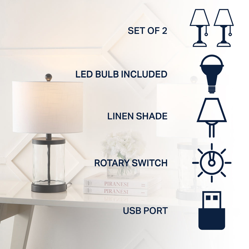 Possini 21" Modern Designer Iron/Water Glass LED Table Lamp with USB Charging Port Set 2
