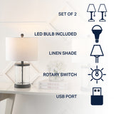 Possini 21" Modern Designer Iron/Water Glass LED Table Lamp with USB Charging Port Set 2