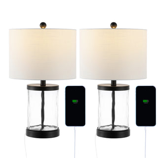 Possini 21" Modern Designer Iron/Water Glass LED Table Lamp with USB Charging Port Set 2