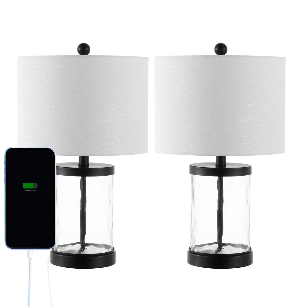 Possini 21" Modern Designer Iron/Water Glass LED Table Lamp with USB Charging Port Set 2
