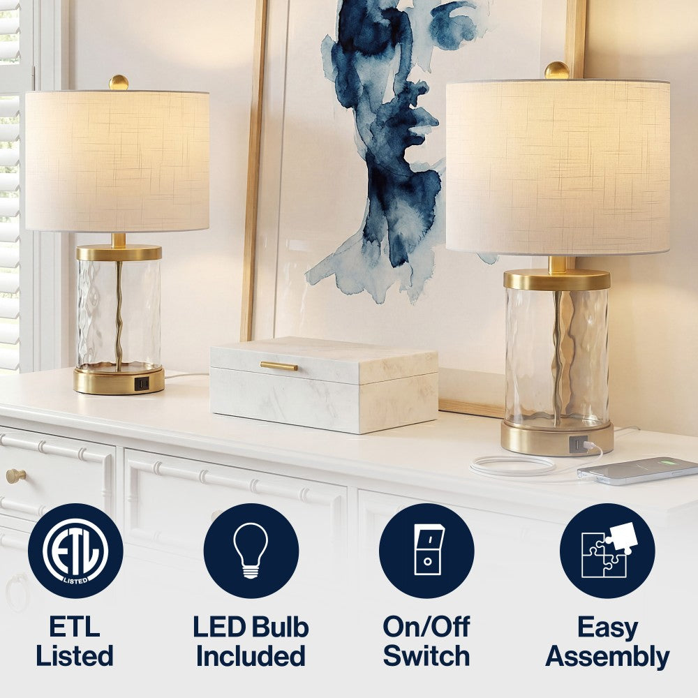 Possini 21" Modern Designer Iron/Water Glass LED Table Lamp with USB Charging Port Set 2