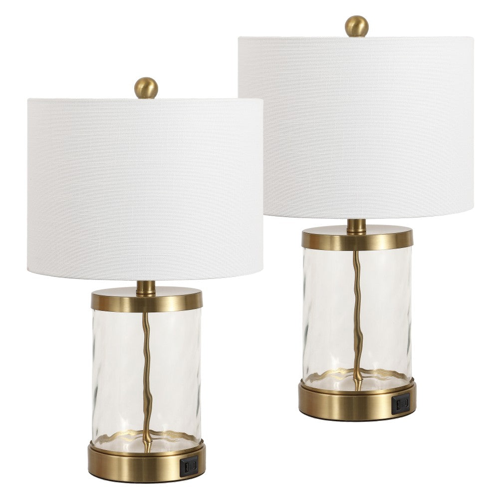 Possini 21" Modern Designer Iron/Water Glass LED Table Lamp with USB Charging Port Set 2