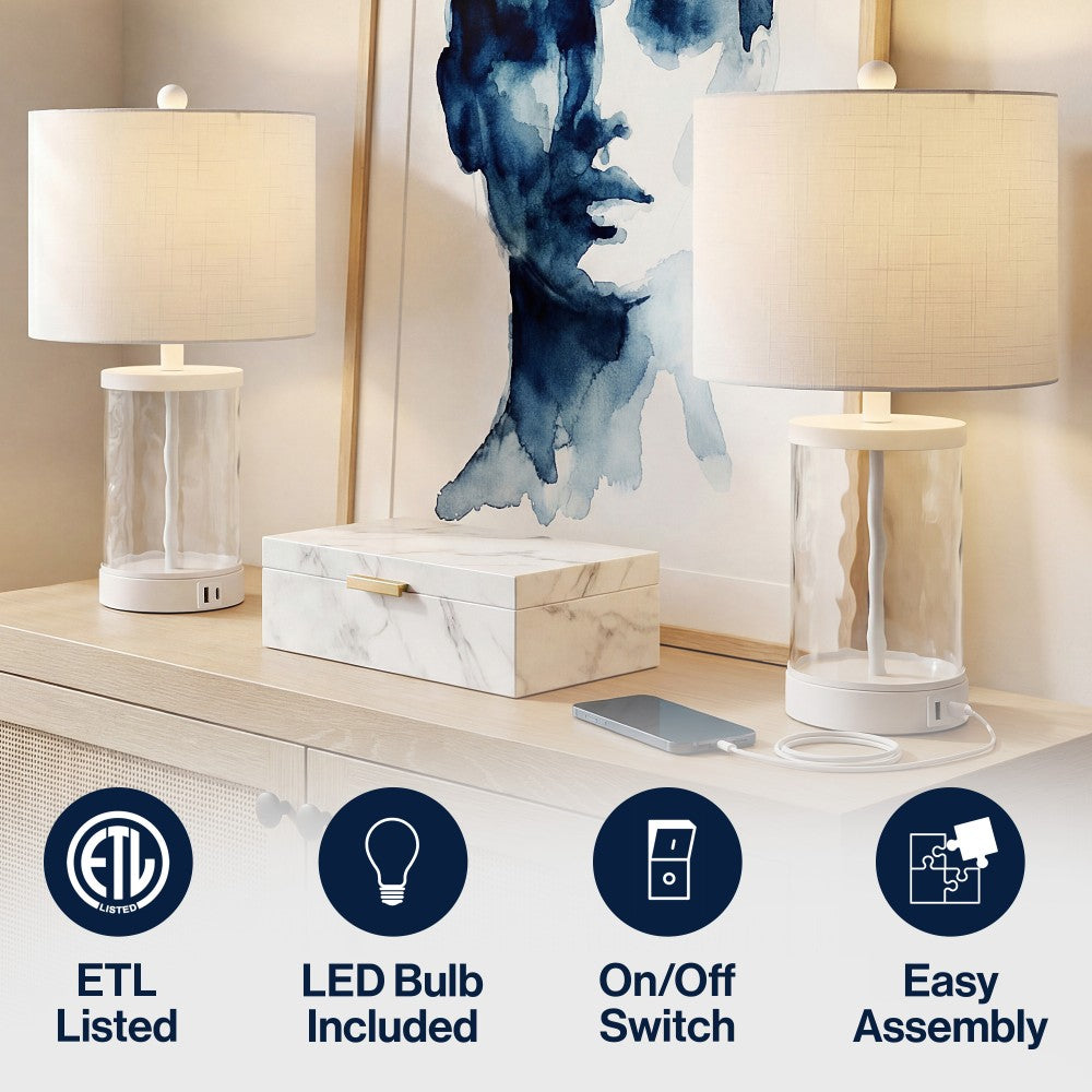 Possini 21" Modern Designer Iron/Water Glass LED Table Lamp with USB Charging Port Set 2