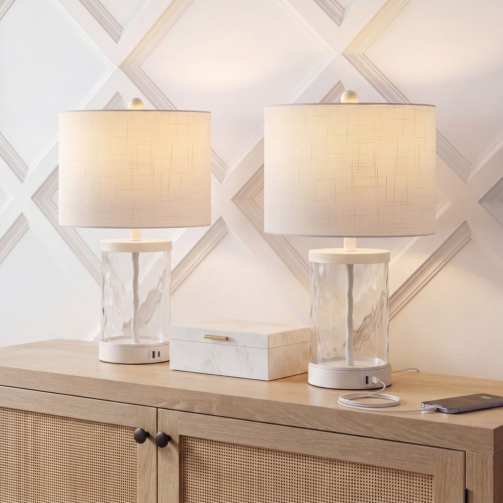 Possini 21" Modern Designer Iron/Water Glass LED Table Lamp with USB Charging Port Set 2