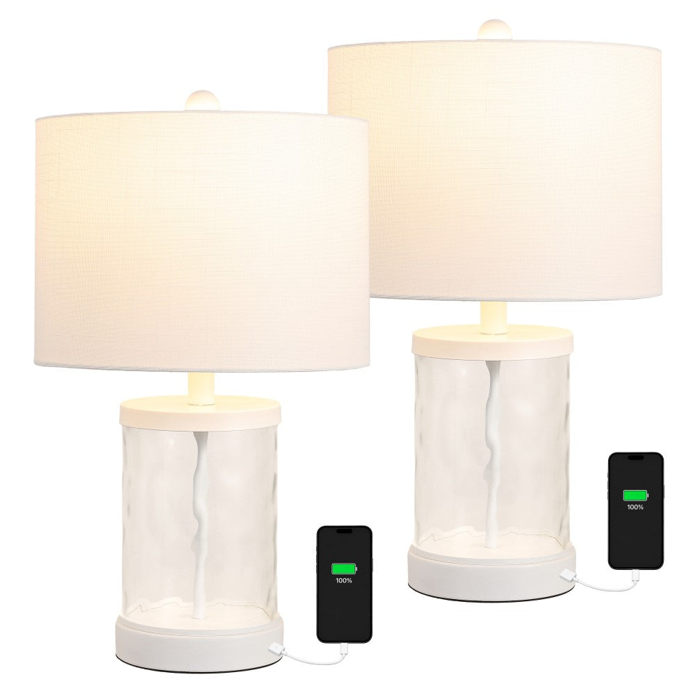 Possini 21" Modern Designer Iron/Water Glass LED Table Lamp with USB Charging Port Set 2