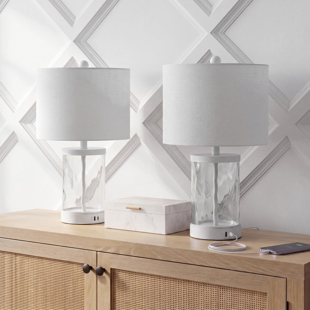 Possini 21" Modern Designer Iron/Water Glass LED Table Lamp with USB Charging Port Set 2