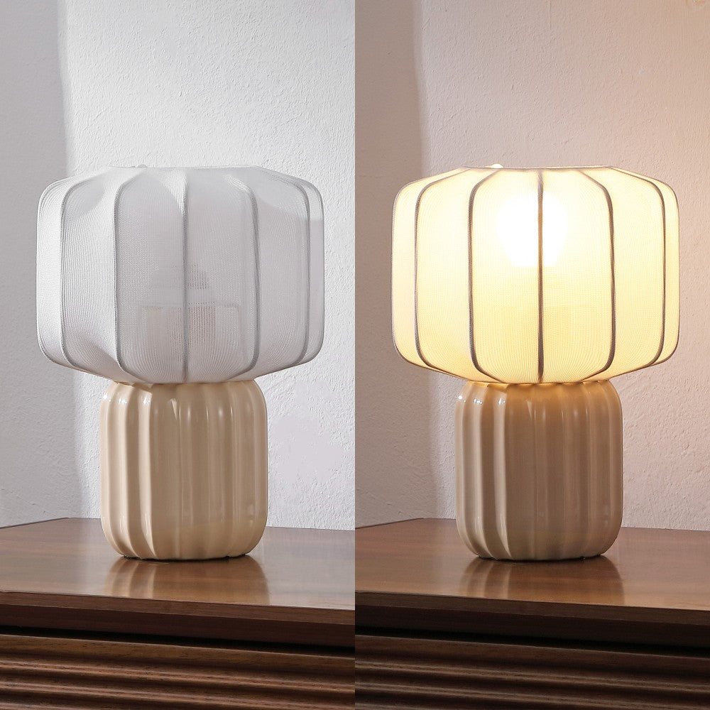 Leola 10 in. Modern Contemporary Ceramic Fluted Mini with Ribbed Cocoon Pumpkin Shade LED Table Lamp
