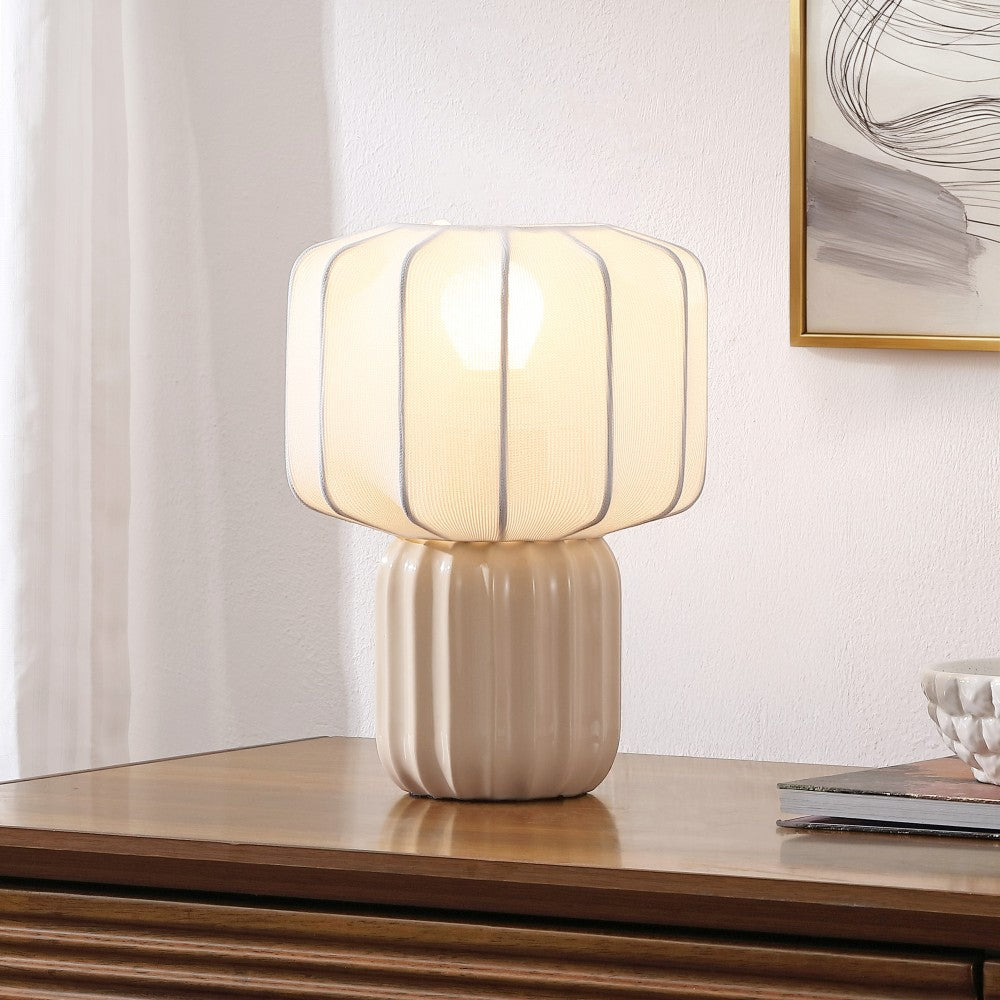 Leola 10 in. Modern Contemporary Ceramic Fluted Mini with Ribbed Cocoon Pumpkin Shade LED Table Lamp