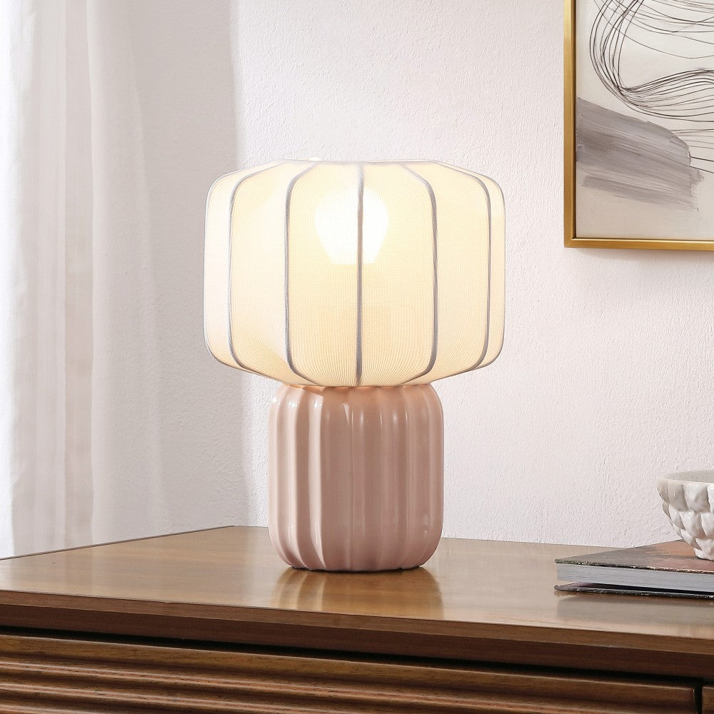 Leola 10 in. Modern Contemporary Ceramic Fluted Mini with Ribbed Cocoon Pumpkin Shade LED Table Lamp