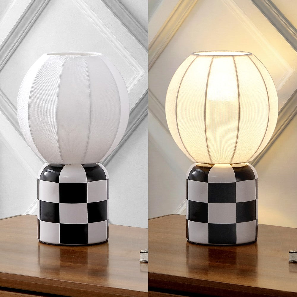 Valarie 10.25" Contemporary Modern Checkerboard Ceramic with Ribbed Cocoon Globe Shade LED Mini Table Lamp