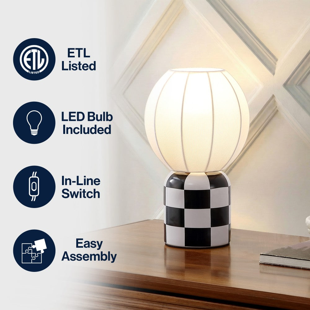 Valarie 10.25" Contemporary Modern Checkerboard Ceramic with Ribbed Cocoon Globe Shade LED Mini Table Lamp