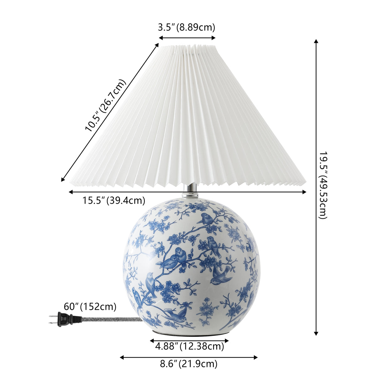Dishu 19.5" Cottage Classic Chinoiserie Ceramic Orb LED Table Lamp with Pleated Shade