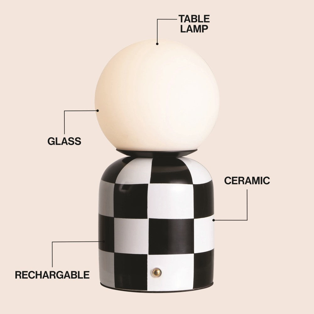 Zira 10" Modern Checkerboard Ceramic Rechargeable Cordless Integrated Portable Dimmable with Frosted Globe Shade LED Table Lamp
