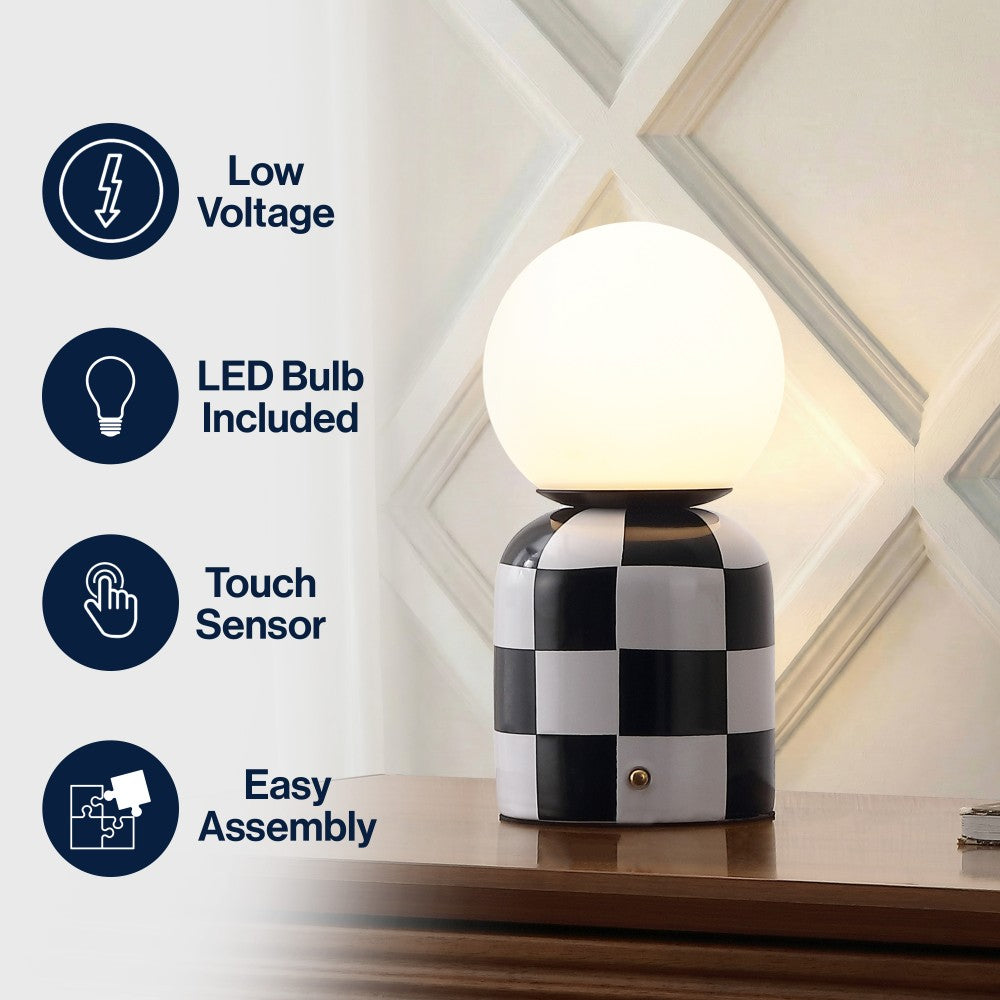 Zira 10" Modern Checkerboard Ceramic Rechargeable Cordless Integrated Portable Dimmable with Frosted Globe Shade LED Table Lamp