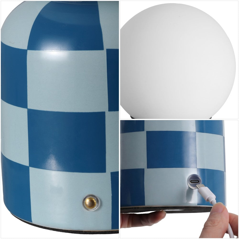 Zira 10" Modern Checkerboard Ceramic Rechargeable Cordless Integrated Portable Dimmable with Frosted Globe Shade LED Table Lamp