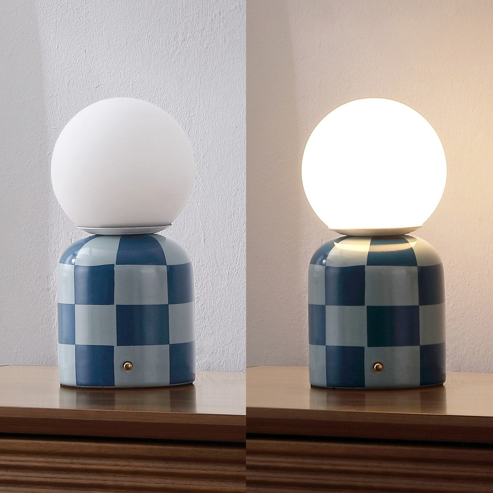 Zira 10" Modern Checkerboard Ceramic Rechargeable Cordless Integrated Portable Dimmable with Frosted Globe Shade LED Table Lamp