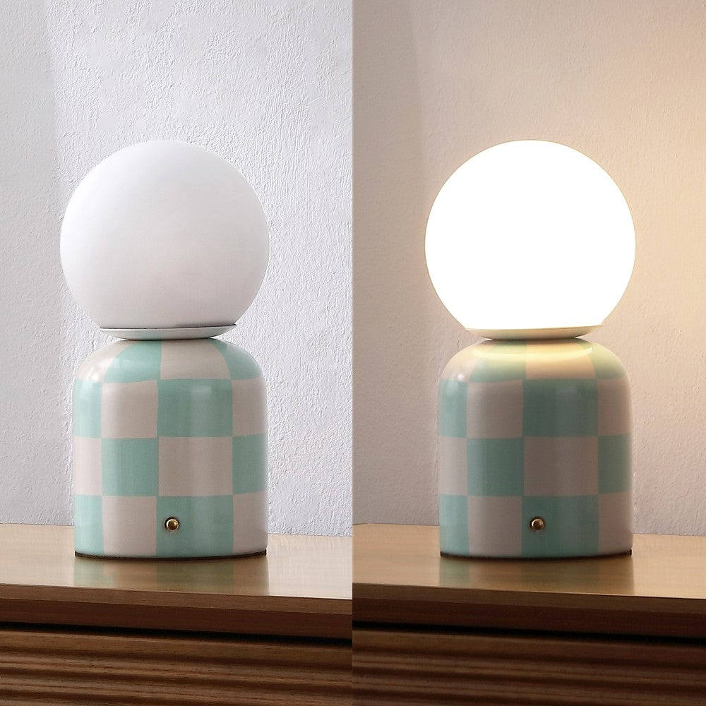 Zira 10" Modern Checkerboard Ceramic Rechargeable Cordless Integrated Portable Dimmable with Frosted Globe Shade LED Table Lamp