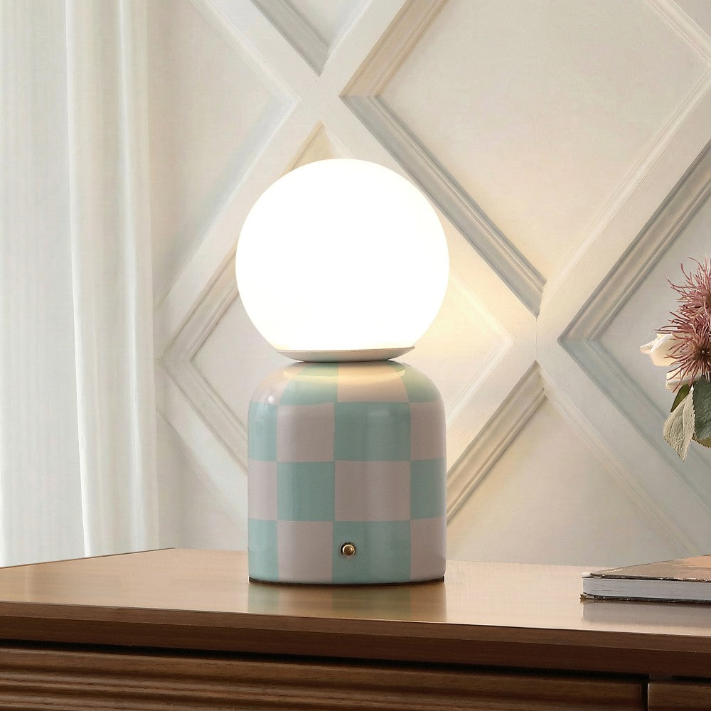 Zira 10" Modern Checkerboard Ceramic Rechargeable Cordless Integrated Portable Dimmable with Frosted Globe Shade LED Table Lamp
