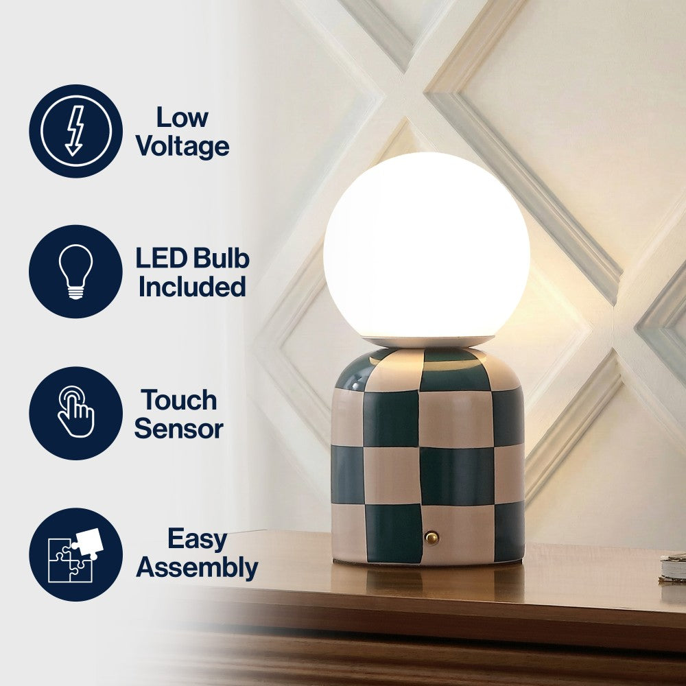 Zira 10" Modern Checkerboard Ceramic Rechargeable Cordless Integrated Portable Dimmable with Frosted Globe Shade LED Table Lamp