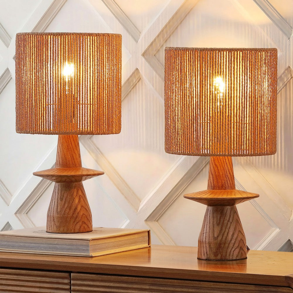 Rickie 19" Bohemian Coastal Sculptural Resin with Hand-Woven Paper Rope Drum Shade LED Table Lamp