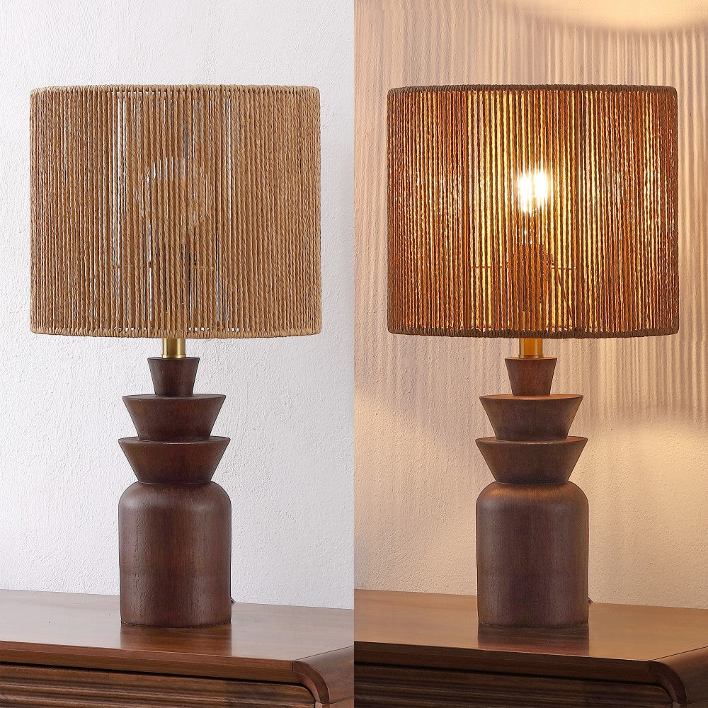 Anderson 22" Bohemian Coastal Tiered Totem Resin with Hand-Woven Paper Rope Drum Shade LED Table Lamp