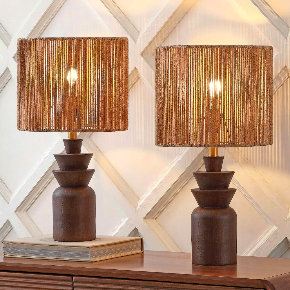 Anderson 22" Bohemian Coastal Tiered Totem Resin with Hand-Woven Paper Rope Drum Shade LED Table Lamp