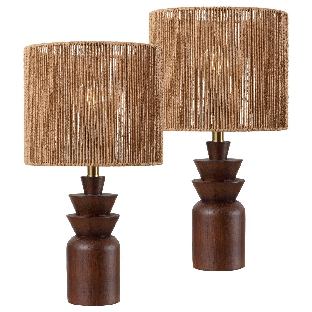 Anderson 22" Bohemian Coastal Tiered Totem Resin with Hand-Woven Paper Rope Drum Shade LED Table Lamp