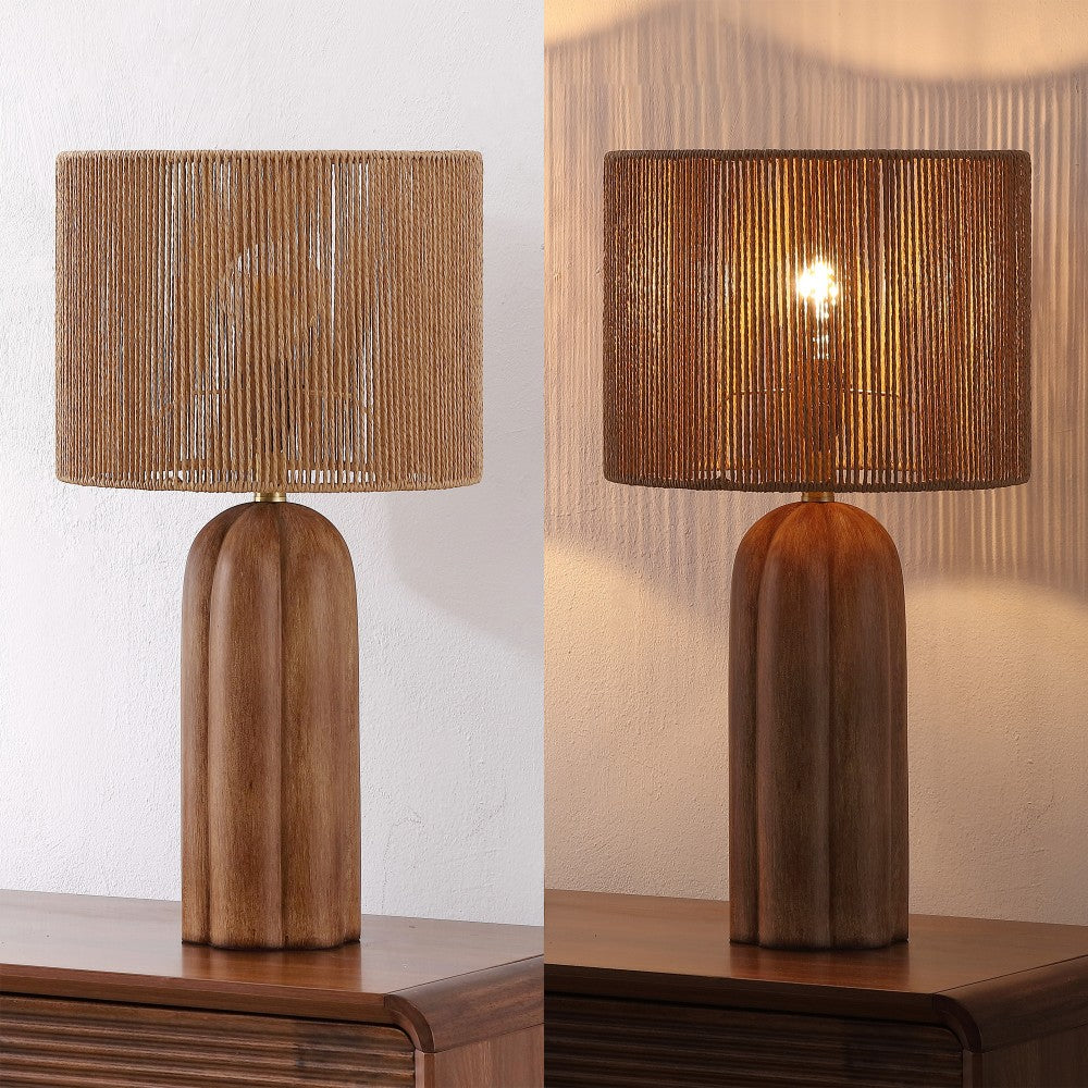 Hazel 24" Bohemian Coastal Fluted Scalloped Cylinder Resin with Hand-Woven Paper Rope Drum Shade LED Table Lamp