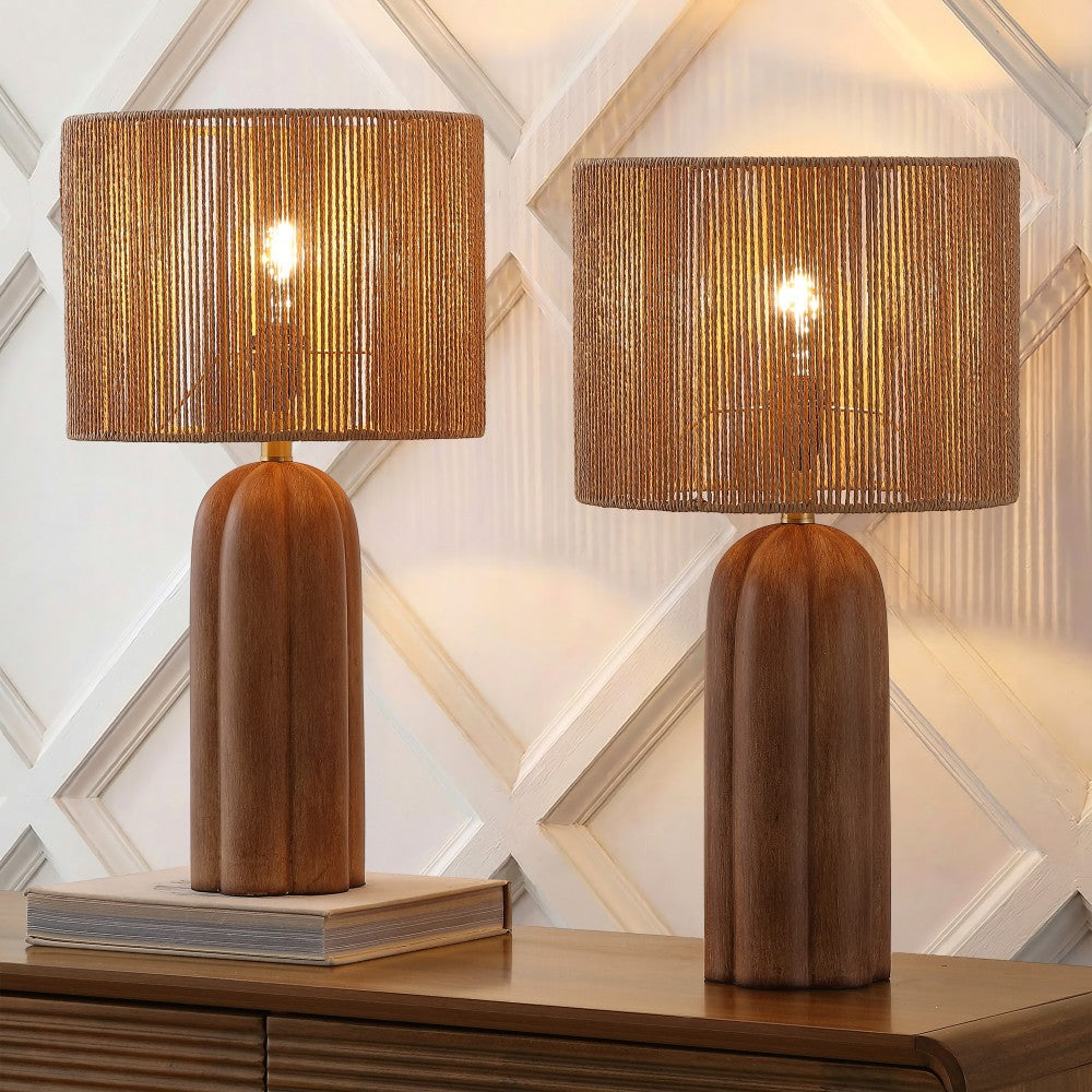 Hazel 24" Bohemian Coastal Fluted Scalloped Cylinder Resin with Hand-Woven Paper Rope Drum Shade LED Table Lamp