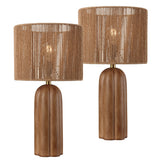 Hazel 24" Bohemian Coastal Fluted Scalloped Cylinder Resin with Hand-Woven Paper Rope Drum Shade LED Table Lamp