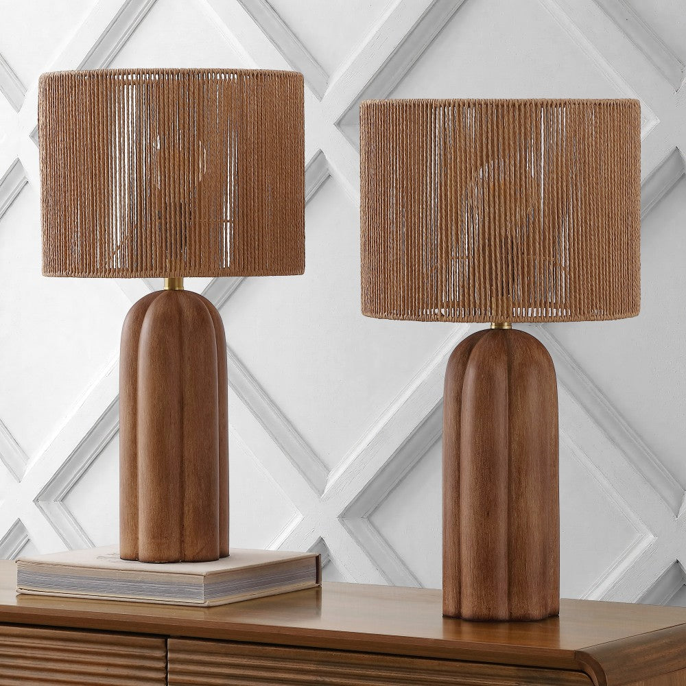 Hazel 24" Bohemian Coastal Fluted Scalloped Cylinder Resin with Hand-Woven Paper Rope Drum Shade LED Table Lamp