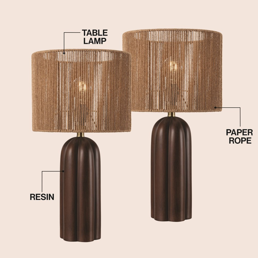 Hazel 24" Bohemian Coastal Fluted Scalloped Cylinder Resin with Hand-Woven Paper Rope Drum Shade LED Table Lamp