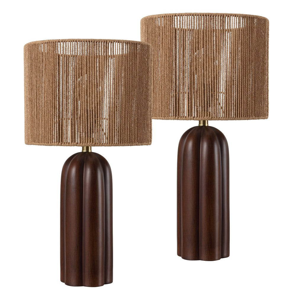 Hazel 24" Bohemian Coastal Fluted Scalloped Cylinder Resin with Hand-Woven Paper Rope Drum Shade LED Table Lamp