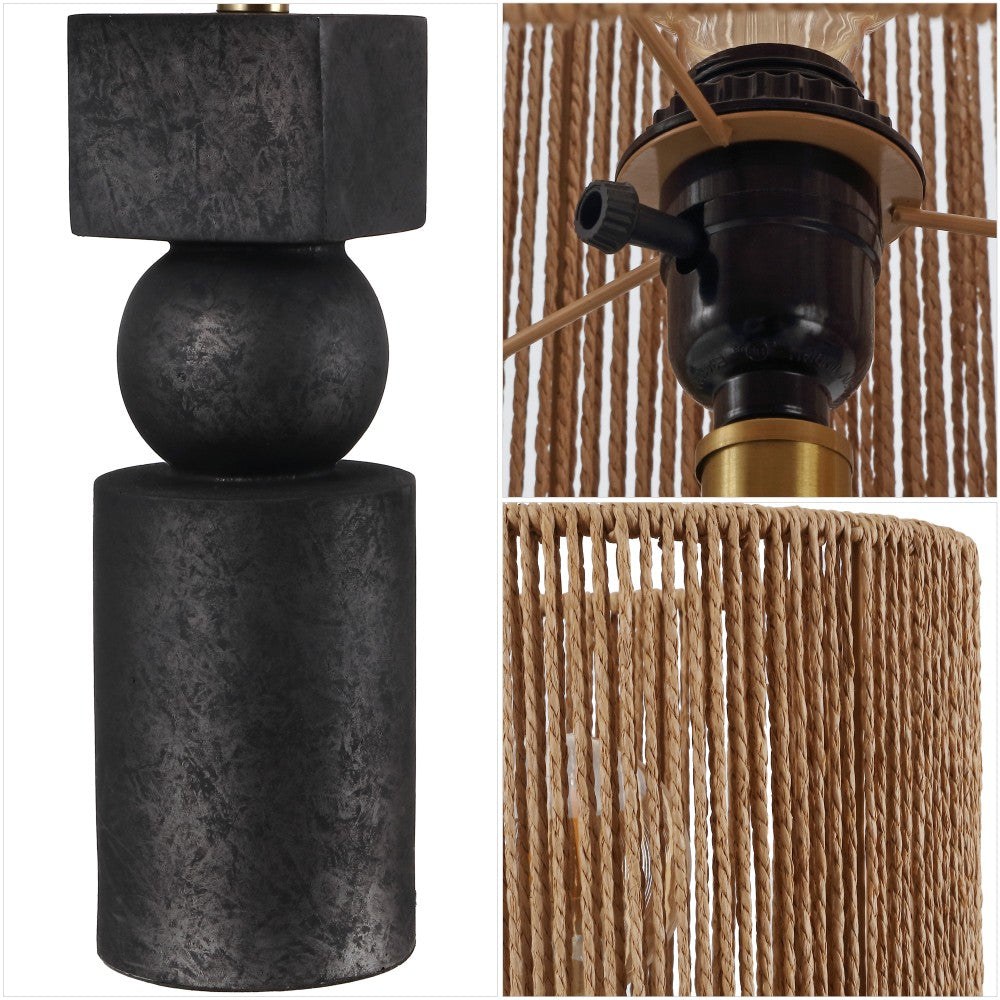 Lilian 24.5" Bohemian Casual Geometric Totem Resin with Hand-Woven Paper Rope Drum Shade LED Table Lamp