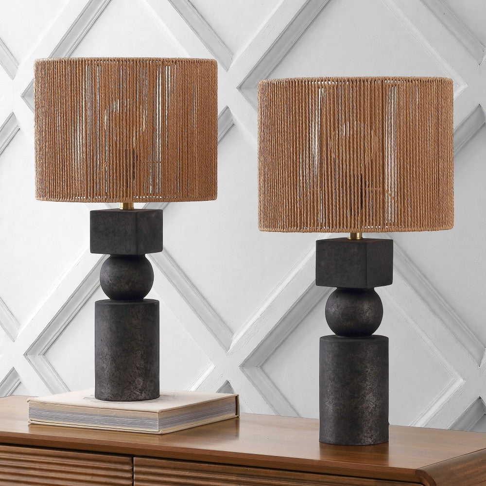 Lilian 24.5" Bohemian Casual Geometric Totem Resin with Hand-Woven Paper Rope Drum Shade LED Table Lamp