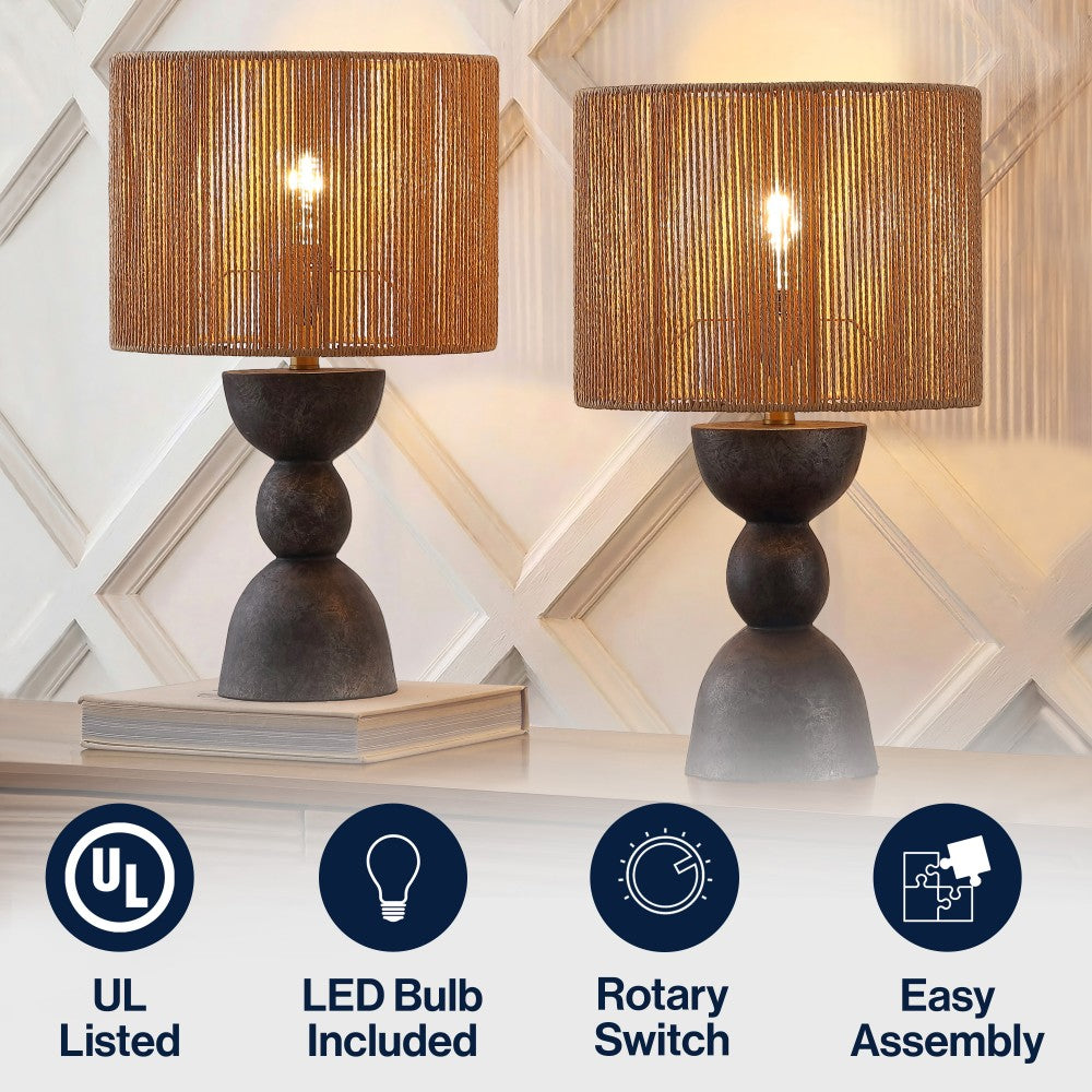 Sherry 22" Bohemian Coastal Hourglass Totem Resin with Hand-Woven Paper Rope Drum Shade LED Table Lamp