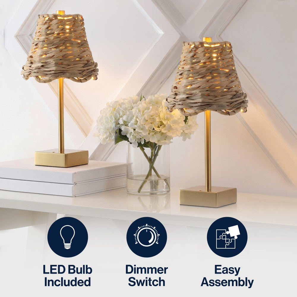 Coastline 11 in. Coastal Bohemian Metal and Water Hyacinth Tapered Cordless Rechargeable Integrated Dimmable LED Table Lamp with Touch Sensor
