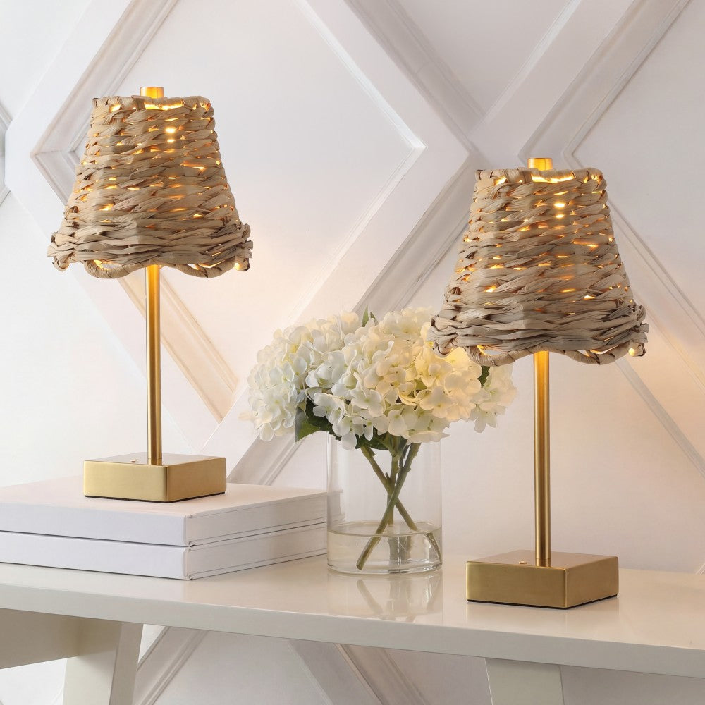 Coastline 11 in. Coastal Bohemian Metal and Water Hyacinth Tapered Cordless Rechargeable Integrated Dimmable LED Table Lamp with Touch Sensor