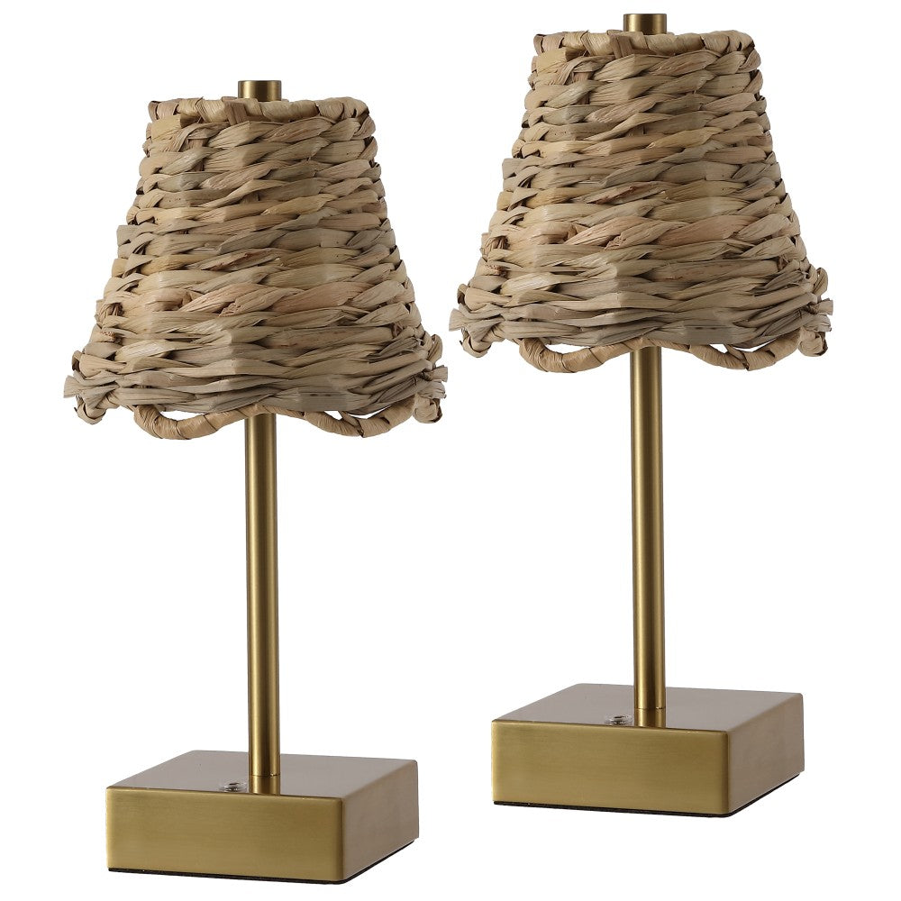 Coastline 11 in. Coastal Bohemian Metal and Water Hyacinth Tapered Cordless Rechargeable Integrated Dimmable LED Table Lamp with Touch Sensor