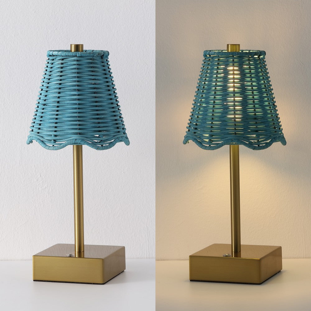 Coastline 11 in. Coastal Bohemian Metal and Water Hyacinth Tapered Cordless Rechargeable Integrated Dimmable LED Table Lamp with Touch Sensor