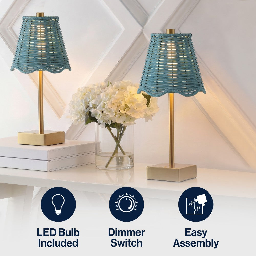 Coastline 11 in. Coastal Bohemian Metal and Water Hyacinth Tapered Cordless Rechargeable Integrated Dimmable LED Table Lamp with Touch Sensor