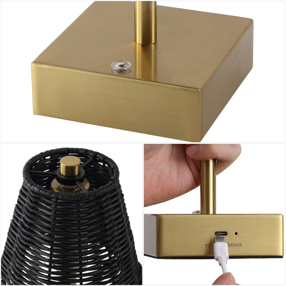 Coastline 11 in. Coastal Bohemian Metal and Water Hyacinth Tapered Cordless Rechargeable Integrated Dimmable LED Table Lamp with Touch Sensor