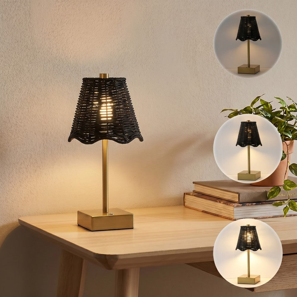 Coastline 11 in. Coastal Bohemian Metal and Water Hyacinth Tapered Cordless Rechargeable Integrated Dimmable LED Table Lamp with Touch Sensor