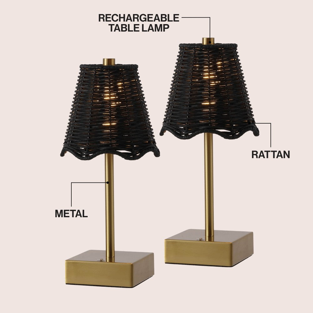 Coastline 11 in. Coastal Bohemian Metal and Water Hyacinth Tapered Cordless Rechargeable Integrated Dimmable LED Table Lamp with Touch Sensor