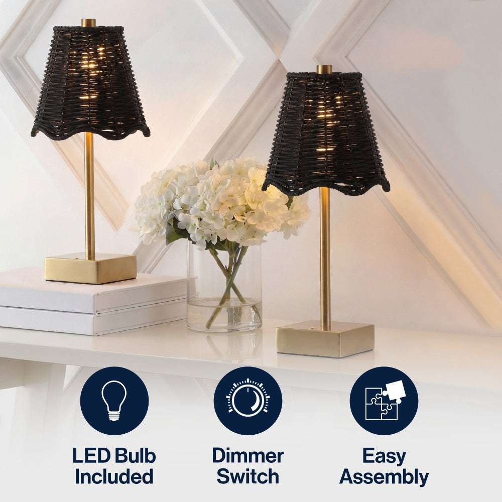 Coastline 11 in. Coastal Bohemian Metal and Water Hyacinth Tapered Cordless Rechargeable Integrated Dimmable LED Table Lamp with Touch Sensor