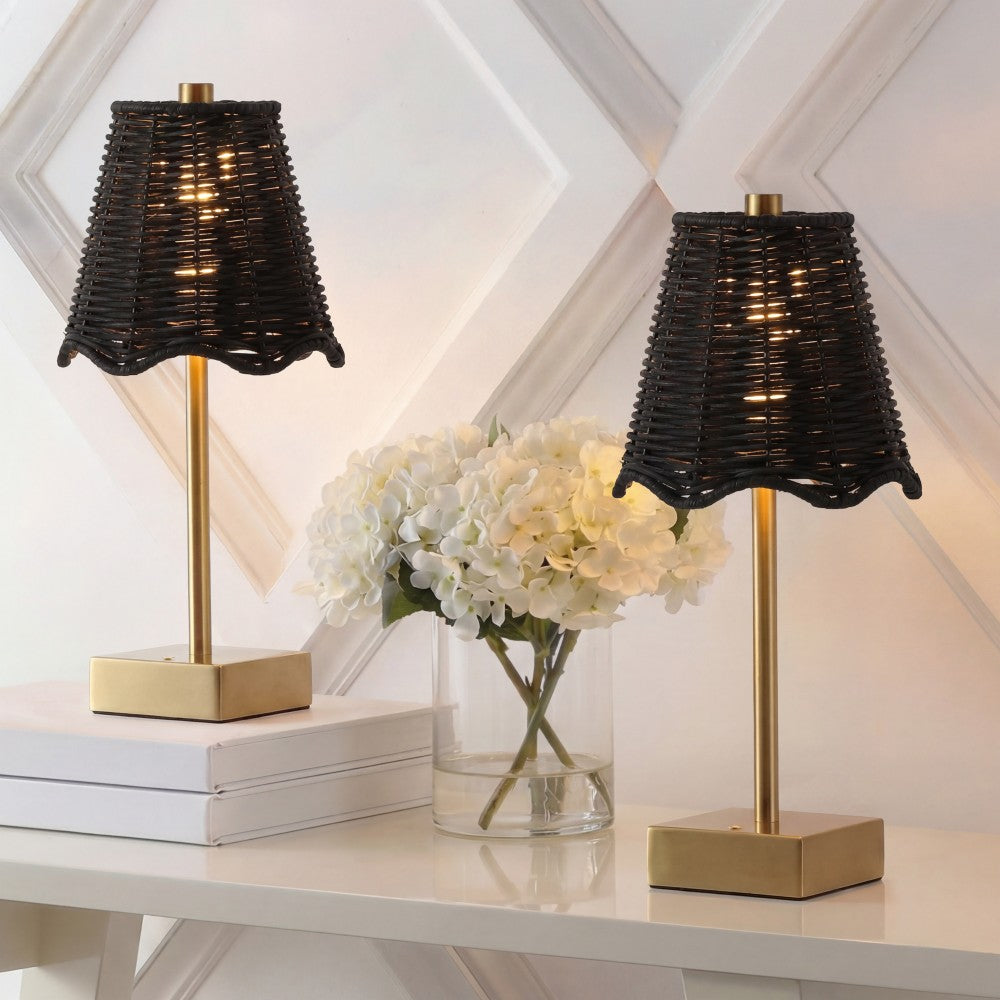 Coastline 11 in. Coastal Bohemian Metal and Water Hyacinth Tapered Cordless Rechargeable Integrated Dimmable LED Table Lamp with Touch Sensor