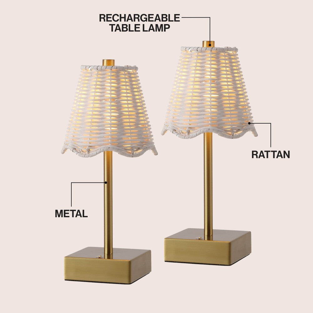Coastline 11 in. Coastal Bohemian Metal and Water Hyacinth Tapered Cordless Rechargeable Integrated Dimmable LED Table Lamp with Touch Sensor