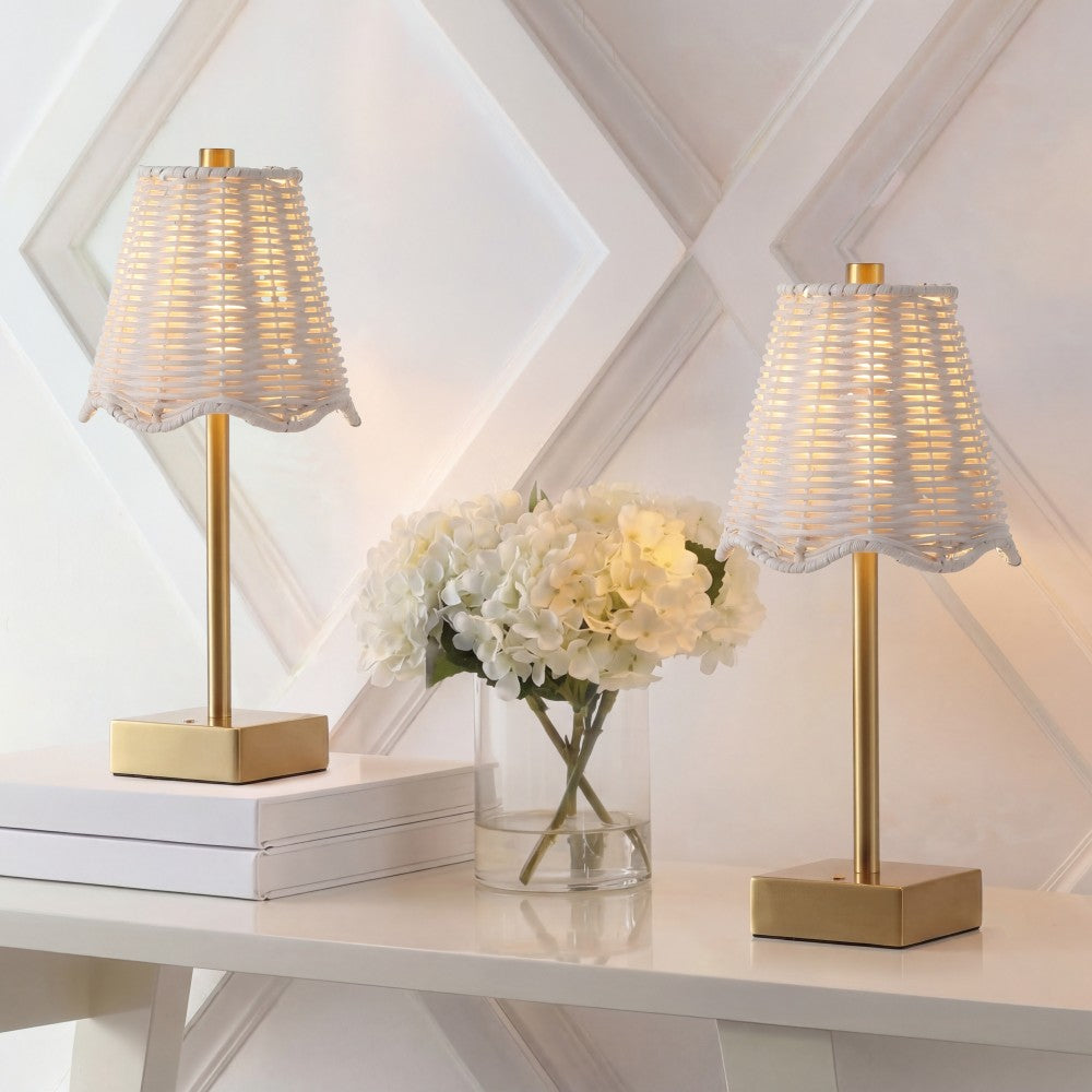 Coastline 11 in. Coastal Bohemian Metal and Water Hyacinth Tapered Cordless Rechargeable Integrated Dimmable LED Table Lamp with Touch Sensor