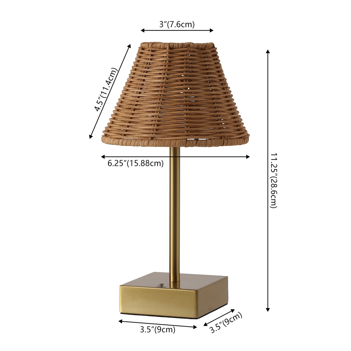 Drift 11.3 in. Coastal Bohemian Metal and Rattan Tapered Cordless Rechargeable Integrated Dimmable LED Table Lamp with Touch Sensor